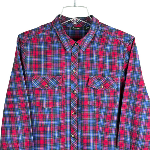Eddie Bauer Shirt Cotton Red Blue Plaid Women's XL Long Sleeve Pockets Casual - Picture 3 of 8